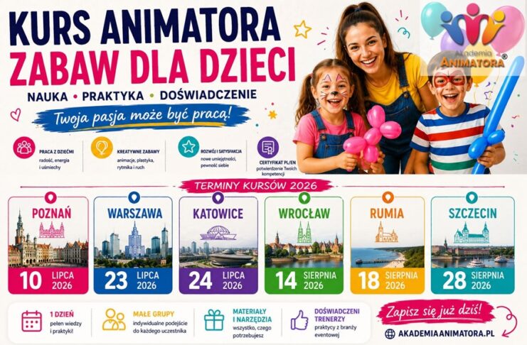Terminy Kursu Animatora Zabaw dla Dzieci wakacje 2026 – 6 miast Akademii Animatora®