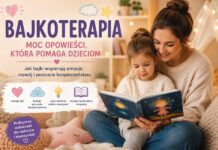Bajkoterapia – mama czyta dziecku bajkę terapeutyczną wspierającą rozwój emocjonalny, wyobraźnię i poczucie bezpieczeństwa.
