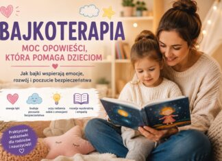 Bajkoterapia – mama czyta dziecku bajkę terapeutyczną wspierającą rozwój emocjonalny, wyobraźnię i poczucie bezpieczeństwa.
