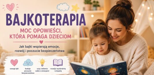Bajkoterapia – mama czyta dziecku bajkę terapeutyczną wspierającą rozwój emocjonalny, wyobraźnię i poczucie bezpieczeństwa.