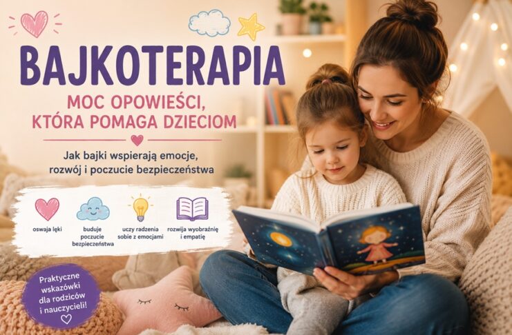Bajkoterapia – mama czyta dziecku bajkę terapeutyczną wspierającą rozwój emocjonalny, wyobraźnię i poczucie bezpieczeństwa.