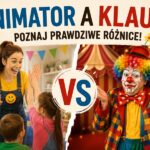 Animator a Klaun – porównanie różnic, uśmiechnięta animatorka przybijająca piątkę z dziećmi kontra klaun cyrkowy
