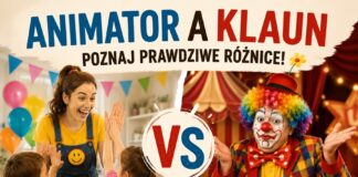 Animator a Klaun – porównanie różnic, uśmiechnięta animatorka przybijająca piątkę z dziećmi kontra klaun cyrkowy