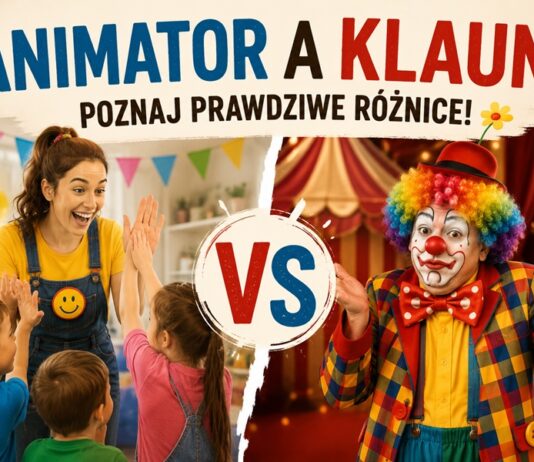 Animator a Klaun – porównanie różnic, uśmiechnięta animatorka przybijająca piątkę z dziećmi kontra klaun cyrkowy