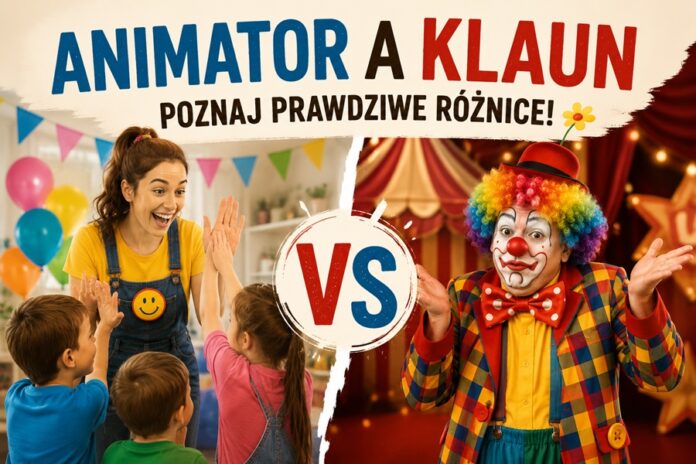 Animator a Klaun – porównanie różnic, uśmiechnięta animatorka przybijająca piątkę z dziećmi kontra klaun cyrkowy