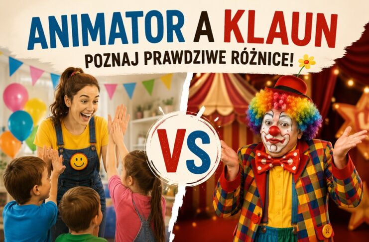 Animator a Klaun – porównanie różnic, uśmiechnięta animatorka przybijająca piątkę z dziećmi kontra klaun cyrkowy