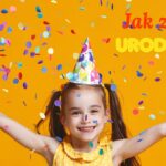 Jak zorganizować urodziny dziecka? Uśmiechnięta dziewczynka w czapeczce urodzinowej rzuca konfetti na żółtym tle, w tle napis „Jak zorganizować urodziny dziecka?"