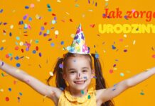 Jak zorganizować urodziny dziecka? Uśmiechnięta dziewczynka w czapeczce urodzinowej rzuca konfetti na żółtym tle, w tle napis „Jak zorganizować urodziny dziecka?"