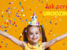 Jak zorganizować urodziny dziecka? Uśmiechnięta dziewczynka w czapeczce urodzinowej rzuca konfetti na żółtym tle, w tle napis „Jak zorganizować urodziny dziecka?"