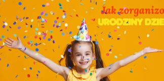Uśmiechnięta dziewczynka w czapeczce urodzinowej rzuca konfetti na żółtym tle, w tle napis „Jak zorganizować urodziny dziecka?"