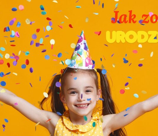 Jak zorganizować urodziny dziecka? Uśmiechnięta dziewczynka w czapeczce urodzinowej rzuca konfetti na żółtym tle, w tle napis „Jak zorganizować urodziny dziecka?"