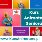 Praca jako Animator Seniora – poszerz ofertę o nową grupę i rozwijaj się! Kolorowy kolaż zdjęć seniorów w energicznych stylizacjach – grafika promująca kurs online Animator Seniora na KursAnimatora.pl