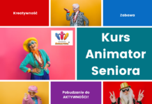 Praca jako Animator Seniora – poszerz ofertę o nową grupę i rozwijaj się! Kolorowy kolaż zdjęć seniorów w energicznych stylizacjach – grafika promująca kurs online Animator Seniora na KursAnimatora.pl
