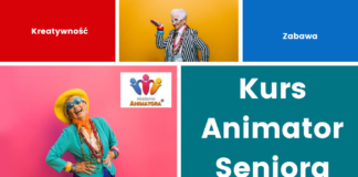 Kolorowy kolaż zdjęć seniorów w energicznych stylizacjach – grafika promująca kurs online Animator Seniora na KursAnimatora.pl