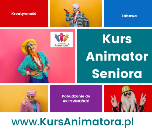Praca jako Animator Seniora – poszerz ofertę o nową grupę i rozwijaj się! Kolorowy kolaż zdjęć seniorów w energicznych stylizacjach – grafika promująca kurs online Animator Seniora na KursAnimatora.pl