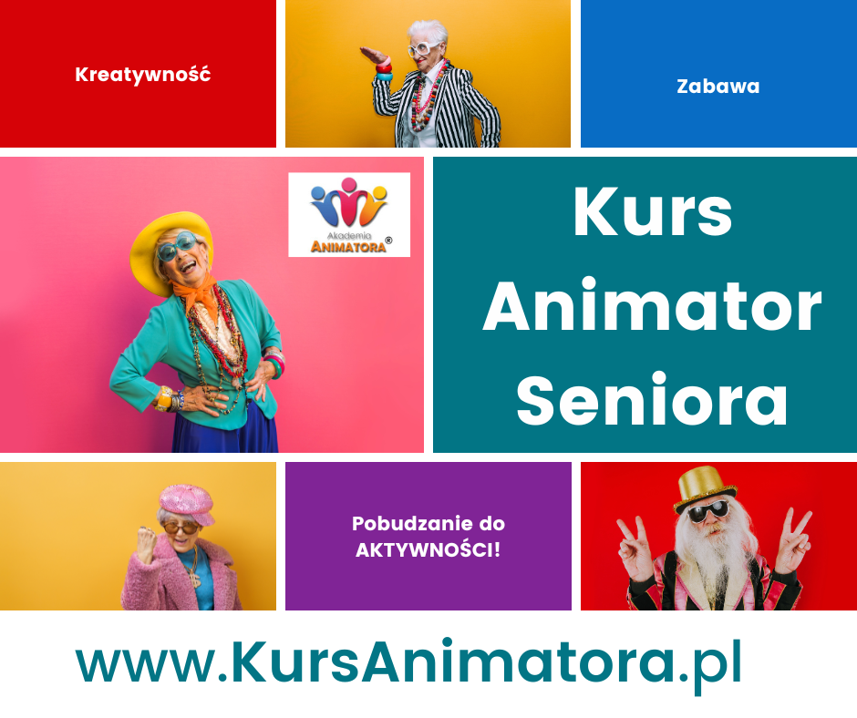 KursAnimatorSeniora Kolorowy kolaż zdjęć seniorów w energicznych stylizacjach – grafika promująca kurs online Animator Seniora na KursAnimatora.pl